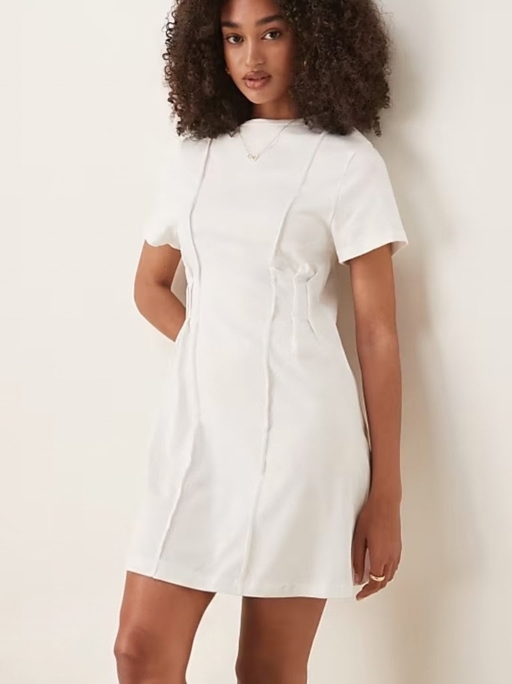 ASOS White Short-Sleeve Mini Dress with Raw-Seam Detail